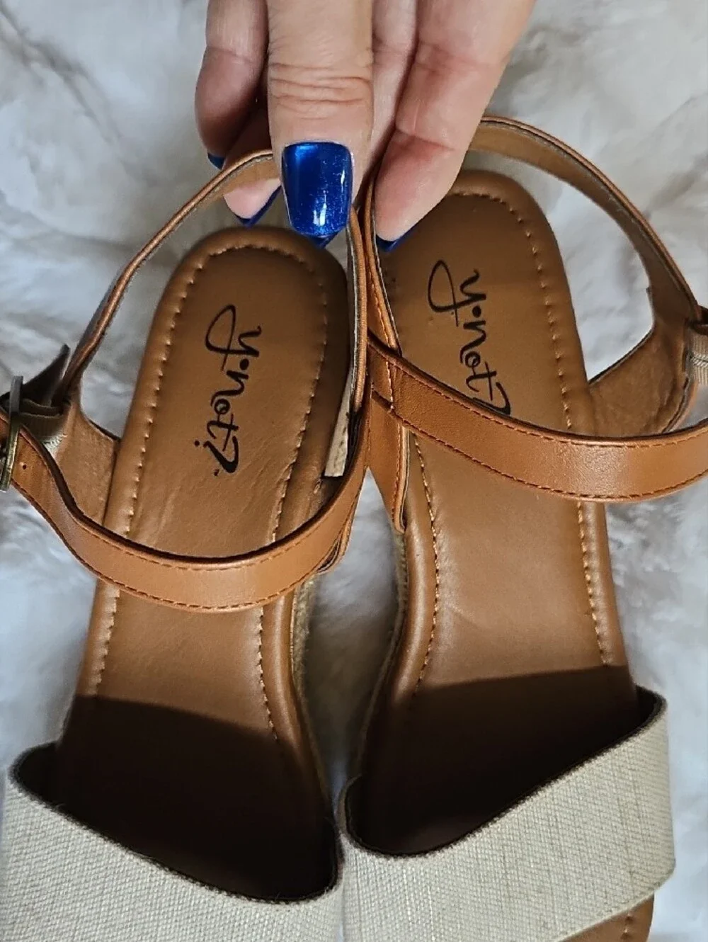 Women’s Tan Espadrille Wedge Sandals with Beige Fabric Toe Strap